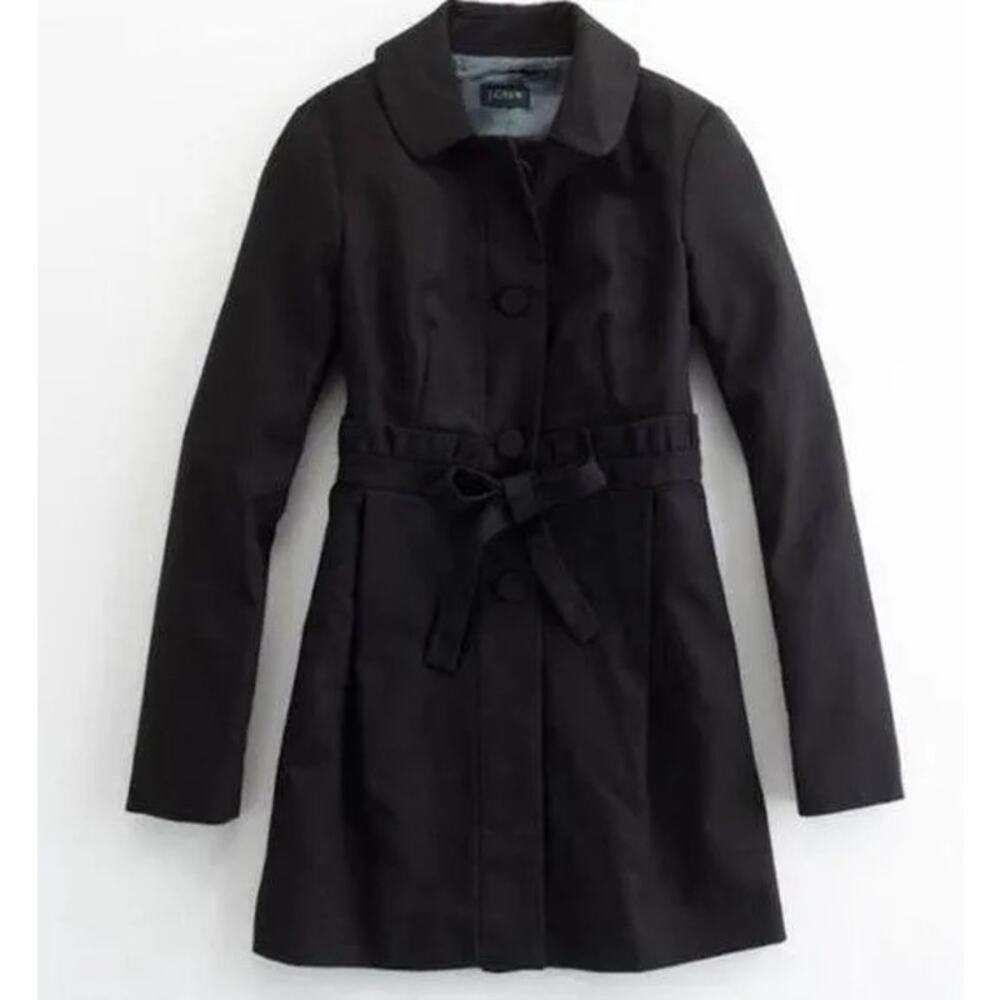 J. Crew Black Cotton Ruffle Gamine Tie Waist Fitted Peacoat Midi Jacket Size 2